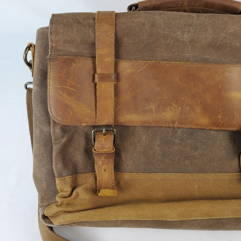 NEWHEY Messenger Laptop Bag Waterproof Canvas Leather Nubuck Brown Beeswax